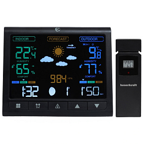 Backlit wireless weather station with outdoor sensor, LCD display, thermometer, barometer, clock Backlit wireless weather station with outdoor sensor, LCD display, thermometer, barometer, clock