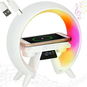 Noční LED herní lampička RGB reproduktor bezdrátová nabíječka rádio budík hodiny