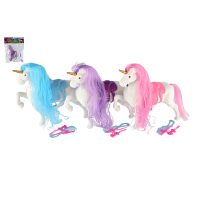 Jednorožec/kůň česací plast se sedlem s doplňky 3 barvy v sáčku 21x25x6cm