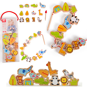 CLASSIC WORLD Dřevěné Kostky na Navlékání ZOO 13 ks.