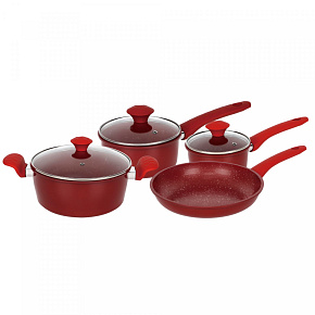 Herzberg HG-04715RED: 7dílná sada litinového nádobí s mramorovým povrchem - Červená