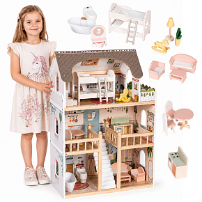 Dřevěný domeček pro panenky Laura 3 patra 5 místností 15 kusů nábytku ECOTOYS
