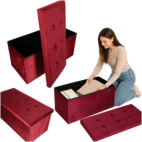 Puf s úložným prostorem pod sedákem, otevírací, skládací, velurový 77x38x37 cm vínový Puf s úložným prostorem pod sedákem, otevírací, skládací, velurový 77x38x37 cm vínový