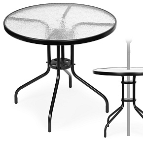 Round garden table 80 cm, for terrace, garden, balcony, tempered glass, umbrella hole, MultiGarden