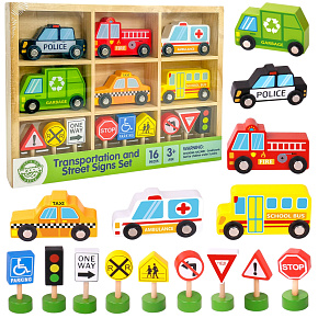 WOOPIE GREEN Sada Dřevěných Vozidel a Dopravních Značek 15 ks. WOOPIE GREEN Sada Dřevěných Vozidel a Dopravních Značek 15 ks.