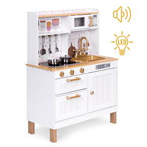 Wooden play kitchen for kids with sounds and LED, large, with opening cabinets and 7 accessories, ECOTOYS
