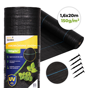 Černá agrotextilie UV 150g protiplevelová rohož 1,6x20m kolíky MulltiGarden Černá agrotextilie UV 150g protiplevelová rohož 1,6x20m kolíky MulltiGarden
