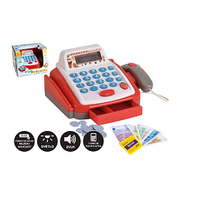Pokladna malá digitální plast 18cm s doplňky na baterie se zvukem se světlem v krabici 22x15x18cm
