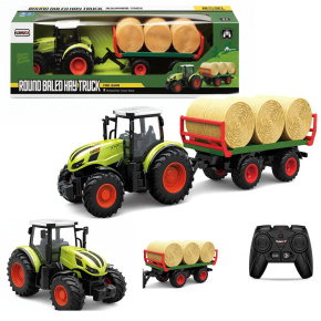 Dálkově ovládaný traktor na dálkové ovládání s přívěsem a balíky slámy