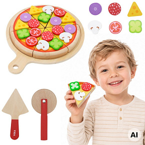 VIGA Dřevěná pizza na krájení Kuchyňská sada 27 ks. Pro děti 18M+