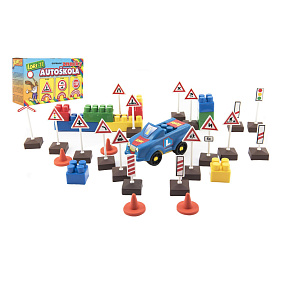 Stavebnice LORI 11 Autoškola Dopravní značky 16ks+2 kužely+auto plast v krabici 22x13x6cm