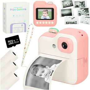 Okamžitý fotoaparát s termotiskárnou + náplně, karta 32GB růžová Okamžitý fotoaparát s termotiskárnou + náplně, karta 32GB růžová