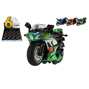 Motorka závodní kov/plast na zpětné natažení 12cm na baterie se světlem, zvukem 3 barvy 12ks v boxu Motorka závodní kov/plast na zpětné natažení 12cm na baterie se světlem, zvukem 3 barvy 12ks v boxu