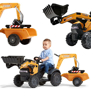 FALK Šlapací traktor CASE s nakladačem, bagrem a přívěsem 2–5 let