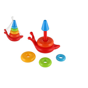 Skládanka pyramida kroužky šnek plast 6ks v síťce 18x20x12cm  12m+
