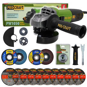 Bruska úhlová Procraft PW1050 + rychloupínací matice, 10x řezný kotouč, 2x lamelový kotouč