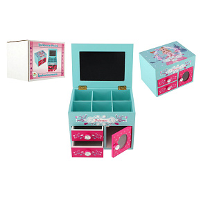 Skříňka šperkovnice Princess 3 zásuvky odklápěcí vrch se zrcátkem dřevo 16x12,5x12cm v krabici