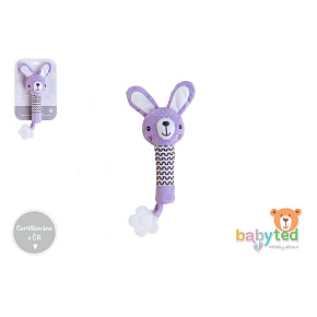 Zajíček babyted pískátko/kousátko plyš 25cm fialový na kartě v sáčku 0m+
