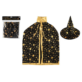 Klobouk čarodějnický + plášť pro děti průměr 38cm černo-zlatý v sáčku karneval