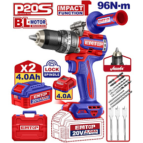 Aku vrtací šroubovák s příklepem 20V 96Nm 2x4.0Ah