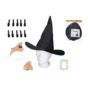 Sada čarodějnice plast nos, brada, prsty, klobouk, zuby v sáčku 22x28cm karneval
