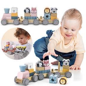 VIGA PolarB Dřevěná vláčkodráha s vagónky a zvířátky k sestavení Montessori