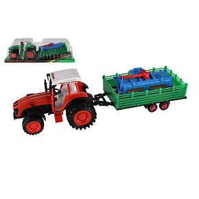Traktor s vlekem s rotavátorem plast 52cm na setrvačník 2 barvy v blistru