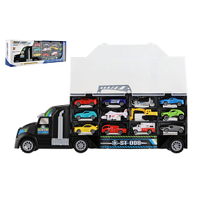 Auto kamion přepravník + dopravní prostředky plast 50cm na volný chod v krabici 51x18x10cm Auto kamion přepravník + dopravní prostředky plast 50cm na volný chod v krabici 51x18x10cm