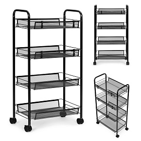 Black metal shelf organizer helper for kitchen or bathroom, 4 shelves with wheels, ModernHome