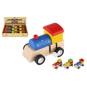 Mašinka na klíček dřevo 7cm asst 3 barvy 9ks v boxu