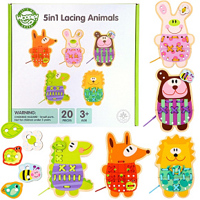 WOOPIE GREEN Dřevěná navlékací hračka 5v1 Zvířátka k navlékání WOOPIE GREEN Dřevěná navlékací hračka 5v1 Zvířátka k navlékání