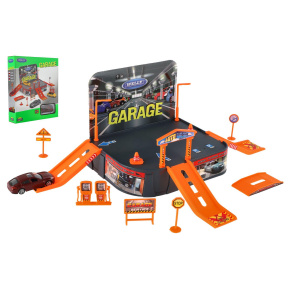 Garáž Welly + auto Welly Porsche kov/plast v krabici 21x25x5,5cm