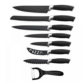 Sada nožů Royalty Line RL-BLK7-W: 7 kusů s nepřilnavým povrchem a škrabkou - černá Sada nožů Royalty Line RL-BLK7-W: 7 kusů s nepřilnavým povrchem a škrabkou - černá