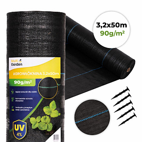 Černá agrotextilie UV 90g protiplevelová rohož 3,2x50m kolíky MulltiGarden Černá agrotextilie UV 90g protiplevelová rohož 3,2x50m kolíky MulltiGarden