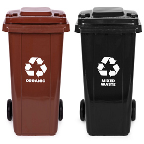 Set of 2 Trash Bins Containers 2x120L Black Brown Mixed Waste BIO with Rubber Wheels