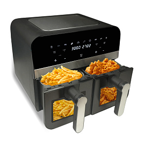 Comfy Nest CN-AFD45WB: 2400W Černá digitální horkovzdušná fritéza s dvojitým košem a okénkem - 9L Comfy Nest CN-AFD45WB: 2400W Černá digitální horkovzdušná fritéza s dvojitým košem a okénkem - 9L