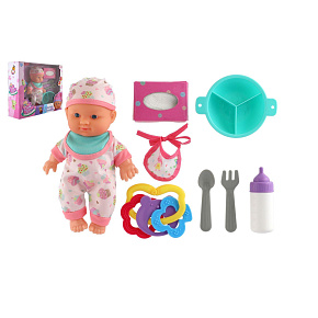 Panenka miminko 22cm pevné tělo plast s doplňky v krabici 30x24x8cm