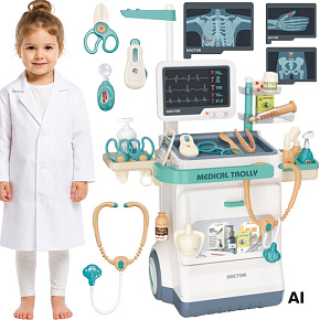 WOOPIE Lékařský vozík Sada Malý doktor EKG Zvuk Světlo Nastavitelný 26 dílů