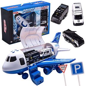 WOOPIE Skládací Letadlo Transportér Policie s 3 Policejními Auty Sada XL Dopravní Značky