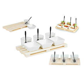 Servírovací set na předkrm - elegantní design s dřevěným podnoskem