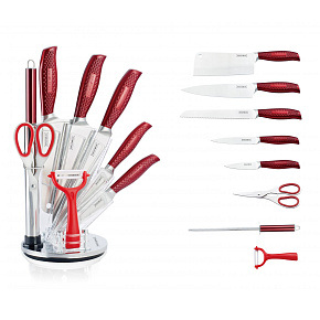 Royalty Line RL-KSS530: 9dílná sada nožů s blokem a otočným držákem - červená