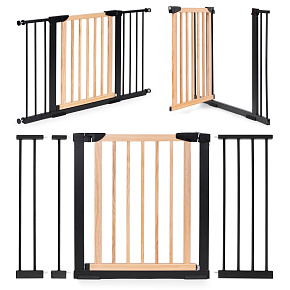Safety gate barrier, 74-130 cm, for stairs and doors, metal and wood, additional panels