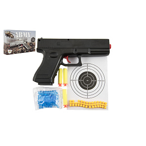 Pistole na kuličky 20cm plast + vodní kuličky 6mm,pěnové náboje 3ks,gumové kul. v krabičce 23x15x4cm