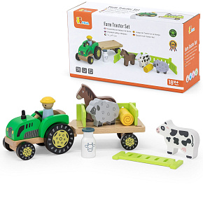 Dřevěný traktor s přívěsem Figurky zvířat Farma Vzdělávací sada Dřevěný traktor s přívěsem Figurky zvířat Farma Vzdělávací sada