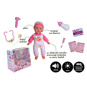 Miminko nemocné měkké tělo 36cm guma s doplňky na baterie se zvukem se světlem v krabici 37x31x17cm