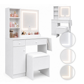 Kosmetický toaletní stolek se zrcadlem a LED osvětlením, 3 barvy, skládací deska, police, zásuvky, taburet ModernHome Kosmetický toaletní stolek se zrcadlem a LED osvětlením, 3 barvy, skládací deska, police, zásuvky, taburet ModernHome