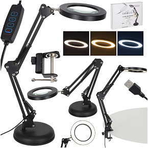 Stolní LED lampa s lupou, otočné rameno, 2 způsoby upevnění Stolní LED lampa s lupou, otočné rameno, 2 způsoby upevnění