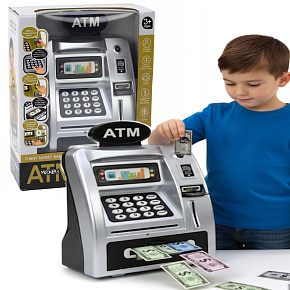 Lebula pokladnička bankomat sejf interaktivní pin bankovky stříbrno-černý