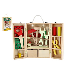 Nářadí dřevo s doplňky v dřevěném kufříku 21x30x8cm