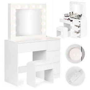 Toaletka kosmetyczna z lustrem i oświetleniem LED 4 szuflady taboret ModernHome Toaletka kosmetyczna z lustrem i oświetleniem LED 4 szuflady taboret ModernHome